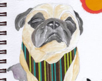 Pug Print - Sketchbook Series - Watercolor & Collage - "Laissez-Faire"