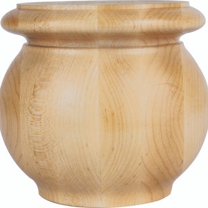 May include: A natural wood furniture leg with a rounded, bulbous shape and a slightly flared top.