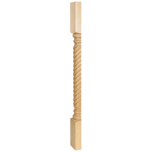 May include: A light-colored wooden baluster with a twisted rope design in the center. The baluster has a square top and bottom, and is likely for a staircase or railing. The wood appears unfinished.