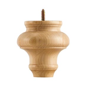 May include: A light-colored, unfinished wooden furniture leg with a rounded, bulbous midsection and a tapered base. The top features a flat surface with a centered, protruding metal hanger bolt with visible threading for attachment purposes.