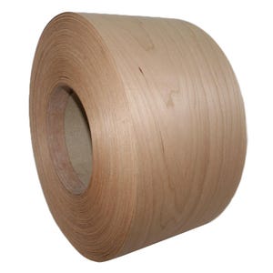 May include: A roll of natural wood veneer, with a light brown color and a wood grain pattern. The veneer is rolled up and secured with a brown paper core.