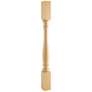 May include: A wooden furniture leg with a turned design. The leg is made of unfinished maple wood and has a square base and top.