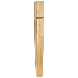 May include: A light wood table leg with a square top and a tapered bottom.