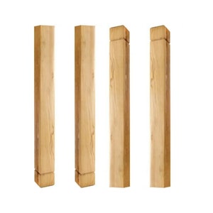 May include: Four wooden square columns, each with a slightly different design on the top and bottom. The columns are all the same size and are made of a light brown wood.