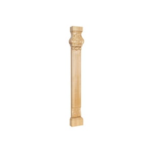 May include: A wooden column with a fluted design and ornate carvings at the top and bottom. The column is a light brown color and is made of wood.