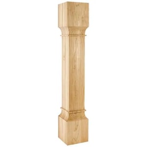 May include: A wooden column with a square base and a square top. The column has a decorative molding around the top and bottom.