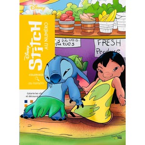 以下が含まれることがあります： ディズニーのスティッチぬりえ本の表紙。スティッチとリロが描かれています。「Stitch au Numéro」というタイトルが黄色い背景にあります。スティッチは青色で緑色のスカートを履き、リロは黄色のドレスに緑色のデザインを着ています。
