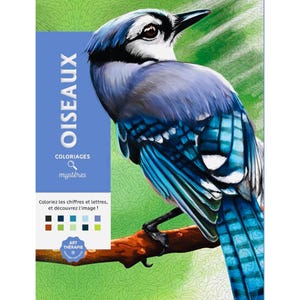 Puede incluir: Ilustración vibrante de una arrendajo azul posado en una rama. El ave presenta tonos azules, negros y blancos, con una representación detallada de sus plumas. La imagen incluye texto en francés, promocionando un libro para colorear.