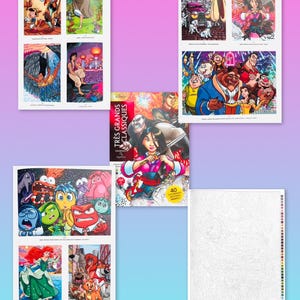 May include: A selection of Disney-themed colouring pages and a colouring book. The pages feature various characters and scenes from popular animated films. The colouring book cover reads "TR&Egrave;S GRANDS CLASSIQUES" and includes the number "40".