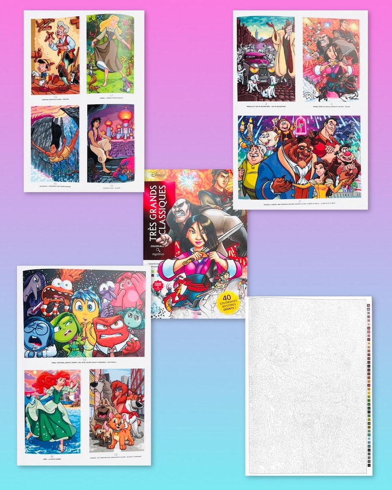 May include: A selection of Disney-themed colouring pages and a colouring book. The pages feature various characters and scenes from popular animated films. The colouring book cover reads "TR&Egrave;S GRANDS CLASSIQUES" and includes the number "40".