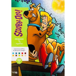 May include: A Scooby-Doo! colouring book featuring Scooby-Doo and Shaggy. The cover reads "SCOOBY-DOO! COLORIAGES mystères" and instructs to colour the numbers to reveal the image. The background is green and blue.