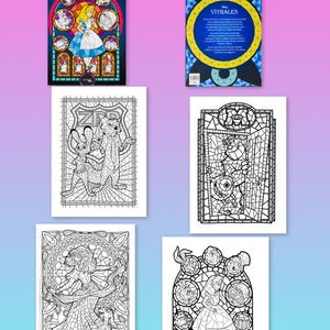 May include: A collection of Disney "Vitrales" coloring books and pages. The front cover of one book features Alice in Wonderland in a stained-glass style. The coloring pages depict characters from various Disney movies in a stained-glass design.