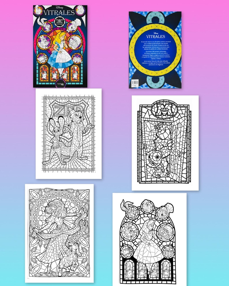 May include: A collection of Disney "Vitrales" coloring books and pages. The front cover of one book features Alice in Wonderland in a stained-glass style. The coloring pages depict characters from various Disney movies in a stained-glass design.