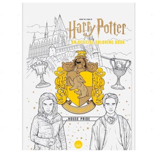 May include: An un-official Harry Potter coloring book featuring line art of Hogwarts, the Hufflepuff crest, and characters. The cover includes the text "FROM THE FILMS OF Harry Potter" and "HOUSE PRIDE".