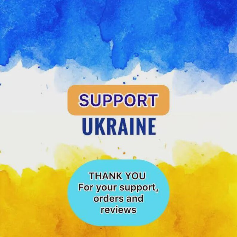 Peut inclure: Fond d'&eacute;cran aquarelle bleu et jaune, avec le texte "SUPPORT UKRAINE" dans un rectangle orange. Un ovale bleu contient les mots "THANK YOU For your support, orders and reviews."