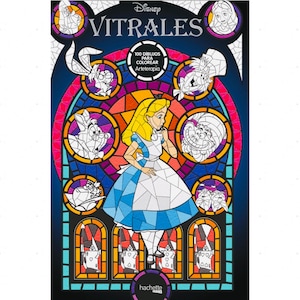 May include: A coloring book featuring Alice in Wonderland characters in a stained-glass window design. The cover displays the title "Disney Vitrales" with the image of Alice in a blue dress, surrounded by other characters.