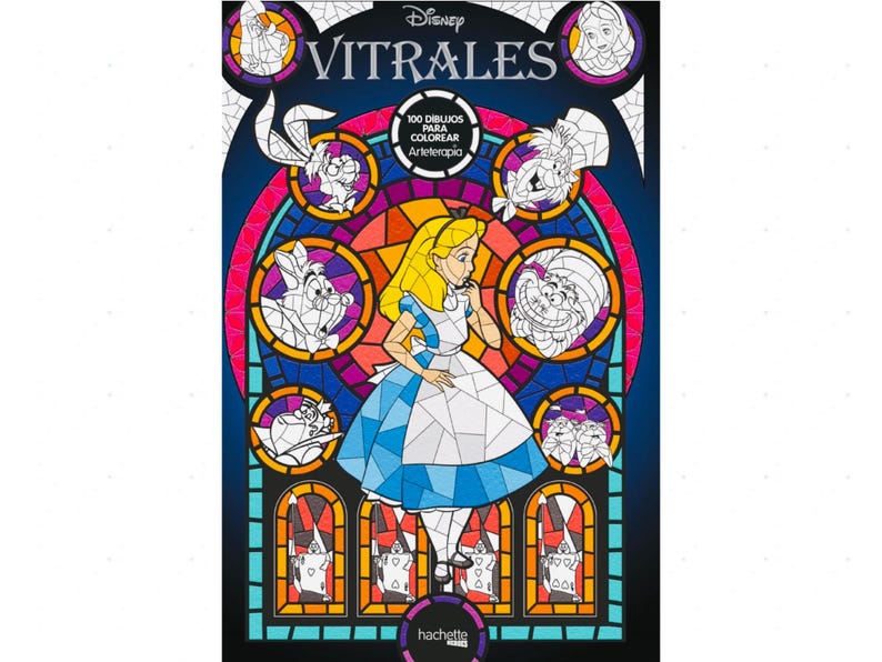 May include: A coloring book featuring Alice in Wonderland characters in a stained-glass window design. The cover displays the title "Disney Vitrales" with the image of Alice in a blue dress, surrounded by other characters.