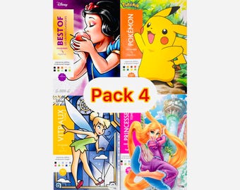 Libros para colorear por números en formato PDF imprimible: Pokémon, Lo mejor de los Grandes Clásicos, Princesas, Vidrieras, paquete de 4 libros misteriosos para colorear.