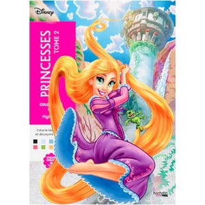 Può includere: Un libro da colorare Disney Princesses Tome 2 con Rapunzel con lunghi capelli biondi, che indossa un vestito viola e una rana verde. La copertina ha il logo Disney e il testo "Princesses".