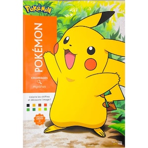 Könnte beinhalten: Ein Pokémon-Malbuch mit Pikachu auf dem Cover. Das Cover ist orange und trägt das Wort "Pokémon". Pikachu ist gelb mit roten Wangen und einem schwarzspitzigen Schwanz. Das Buch enthält den Text "Colorie les chiffres et découvre l'image!"