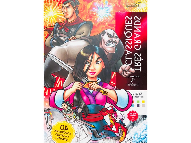May include: A Disney Mulan-themed colouring book. The cover shows Mulan, a dragon, and other characters in bright colours. The book has the text "40 Colorings" and "Tres Grandes Classiques" on the cover.
