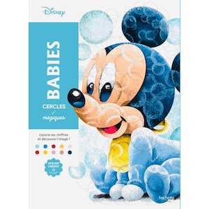Peut inclure: Un livre de coloriage Disney avec Mickey Mouse en bleu et jaune. La couverture affiche le mot "BABIES" en blanc sur fond bleu clair, avec "CERLES magiques" en dessous. Le livre est de Atelier Creatif.