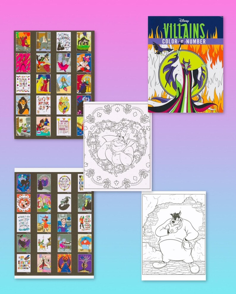 Peut inclure: Plusieurs articles sur le th&egrave;me des m&eacute;chants Disney, dont un livre "Coloriage par num&eacute;ro" et deux s&eacute;ries de cartes illustr&eacute;es. Le livre pr&eacute;sente Mal&eacute;fique, tandis que les cartes pr&eacute;sentent divers m&eacute;chants avec des citations.