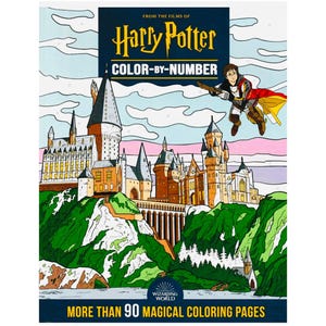 Puede incluir: Un libro para colorear de Harry Potter con números que presenta el castillo de Hogwarts y Harry Potter volando en una escoba. La portada tiene el texto "Harry Potter COLOR-BY-NUMBER" y "MORE THAN 90 MAGICAL COLORING PAGES".