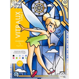 Może przedstawiać: Książka do kolorowania Disneya "VITRAUX TOME 2" z Dzwoneczkiem. Okładka przedstawia Dzwoneczka w ilustracji w stylu witrażu z zieloną sukienką, skrzydłami i różowymi butami. Książka zawiera tekst "COLORIAGES mystères" i instrukcje.