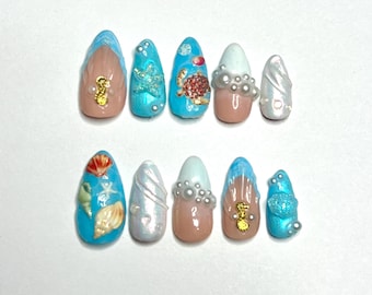 Blue Beachy Seashell Ocean Press on Nails Medium Almond Nails/Blue Nails/Summer Nails/Shell Nails