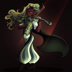 K&ouml;nnte beinhalten: Digitale Illustration einer Person, die Geige spielt. Die Figur hat lange, lockige, hellgr&uuml;ne Haare und tr&auml;gt ein gr&uuml;n-wei&szlig;es Outfit mit einem schwarzen Umhang. Der Hintergrund ist dunkel mit einem roten Scheinwerfer.