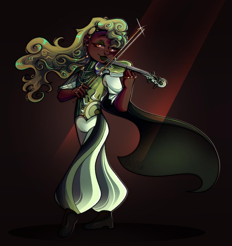 K&ouml;nnte beinhalten: Digitale Illustration einer Person, die Geige spielt. Die Figur hat lange, lockige, hellgr&uuml;ne Haare und tr&auml;gt ein gr&uuml;n-wei&szlig;es Outfit mit einem schwarzen Umhang. Der Hintergrund ist dunkel mit einem roten Scheinwerfer.