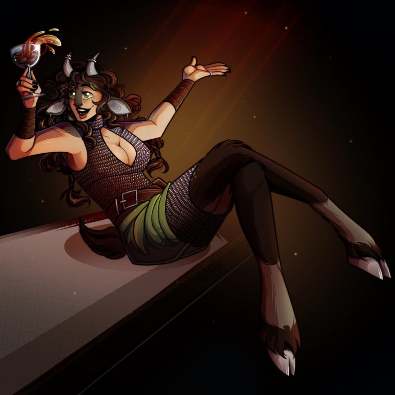 K&ouml;nnte beinhalten: Illustration einer satyrartigen Figur mit braunen Haaren, H&ouml;rnern und Hufen, die ein Kettenhemd-Oberteil, einen gr&uuml;nen Rock und braune Leggings tr&auml;gt. Die Figur h&auml;lt ein Glas Fl&uuml;ssigkeit in einer feierlichen Pose vor einem dunklen Hintergrund mit Sternen.