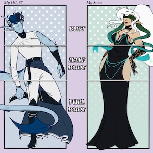 K&ouml;nnte beinhalten: Zwei digitale Kunstillustrationen von Fantasy-Charakteren. Einer ist blauh&auml;utig mit dunkelblauem Haar und einem wei&szlig;-blauen Outfit. Der andere ist eine Frau mit gr&uuml;nen Haaren, einem schwarzen Kleid und einer Augenbinde. Das Bild ist in Abschnitte mit den Bezeichnungen "Bust", "Half Body" und "Full Body" unterteilt.