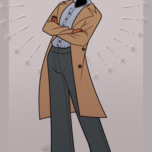 K&ouml;nnte beinhalten: Illustration einer Person in einem beigefarbenen Mantel, einem blauen Hemd und einer grauen Hose, mit verschr&auml;nkten Armen. Die Person tr&auml;gt blaue Loafer. Der Hintergrund ist hellgrau mit sternf&ouml;rmigen Designs.
