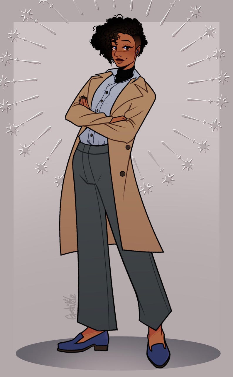 K&ouml;nnte beinhalten: Illustration einer Person in einem beigefarbenen Mantel, einem blauen Hemd und einer grauen Hose, mit verschr&auml;nkten Armen. Die Person tr&auml;gt blaue Loafer. Der Hintergrund ist hellgrau mit sternf&ouml;rmigen Designs.