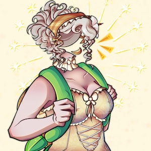 K&ouml;nnte beinhalten: Illustration eines Charakters mit lockigem wei&szlig;em Haar, der ein gelbes Kleid mit Korsett-Stil-Vorderseite und gr&uuml;nem Tr&auml;ger tr&auml;gt. Der Charakter hat ein braunes Stirnband und ist von gelben Sternen umgeben.