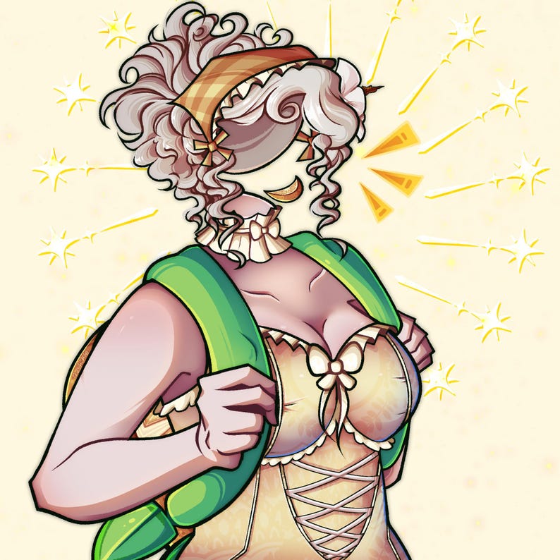 K&ouml;nnte beinhalten: Illustration eines Charakters mit lockigem wei&szlig;em Haar, der ein gelbes Kleid mit Korsett-Stil-Vorderseite und gr&uuml;nem Tr&auml;ger tr&auml;gt. Der Charakter hat ein braunes Stirnband und ist von gelben Sternen umgeben.
