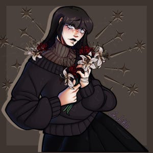 K&ouml;nnte beinhalten: Digitale Illustration einer Person mit schwarzen Haaren und einem dunklen Pullover, die einen Strau&szlig; wei&szlig;er Lilien und roter Blumen h&auml;lt. Der Hintergrund ist ein ged&auml;mpftes Braun mit sternf&ouml;rmigen Designs und einer Signatur.