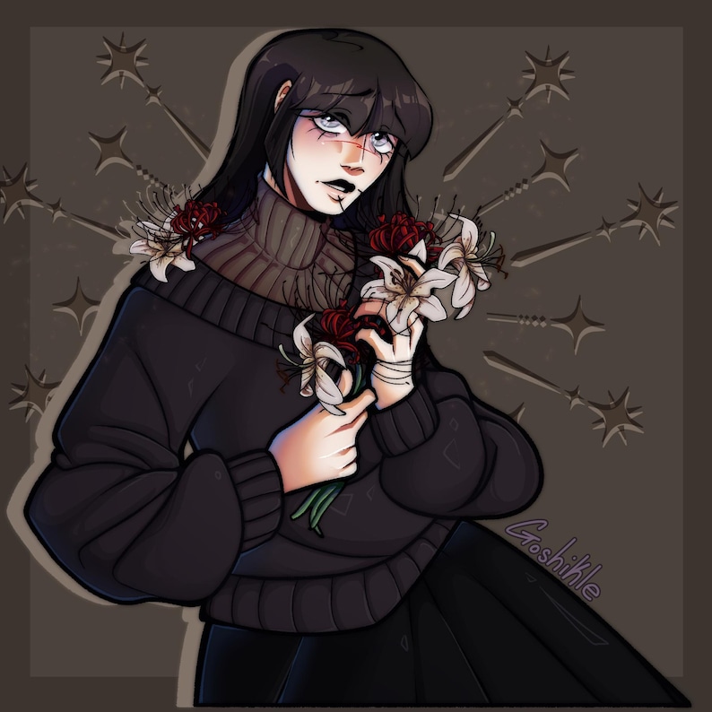 K&ouml;nnte beinhalten: Digitale Illustration einer Person mit schwarzen Haaren und einem dunklen Pullover, die einen Strau&szlig; wei&szlig;er Lilien und roter Blumen h&auml;lt. Der Hintergrund ist ein ged&auml;mpftes Braun mit sternf&ouml;rmigen Designs und einer Signatur.