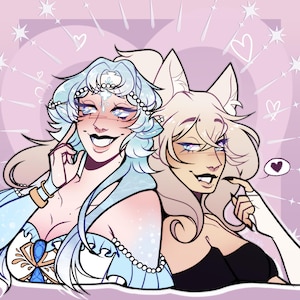 K&ouml;nnte beinhalten: Digitale Illustration von zwei stilisierten Figuren mit heller Haut, eine mit blauen Haaren und die andere mit blonden Haaren. Beide Figuren l&auml;cheln mit dunklem Lippenstift und haben spitze Ohren. Der Hintergrund ist rosa mit Herzen und Sternen.