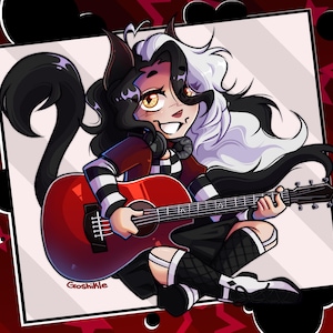 K&ouml;nnte beinhalten: Illustration eines Charakters mit schwarzen und wei&szlig;en Haaren, einem rot-schwarzen Outfit und einem schwarzen Schwanz, der eine rote Akustikgitarre spielt. Der Charakter l&auml;chelt und tr&auml;gt Kopfh&ouml;rer. Der Hintergrund ist dunkelrot mit wei&szlig;en Sternen.