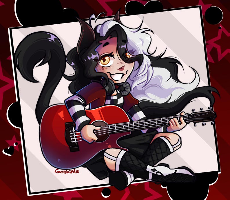 K&ouml;nnte beinhalten: Illustration eines Charakters mit schwarzen und wei&szlig;en Haaren, einem rot-schwarzen Outfit und einem schwarzen Schwanz, der eine rote Akustikgitarre spielt. Der Charakter l&auml;chelt und tr&auml;gt Kopfh&ouml;rer. Der Hintergrund ist dunkelrot mit wei&szlig;en Sternen.