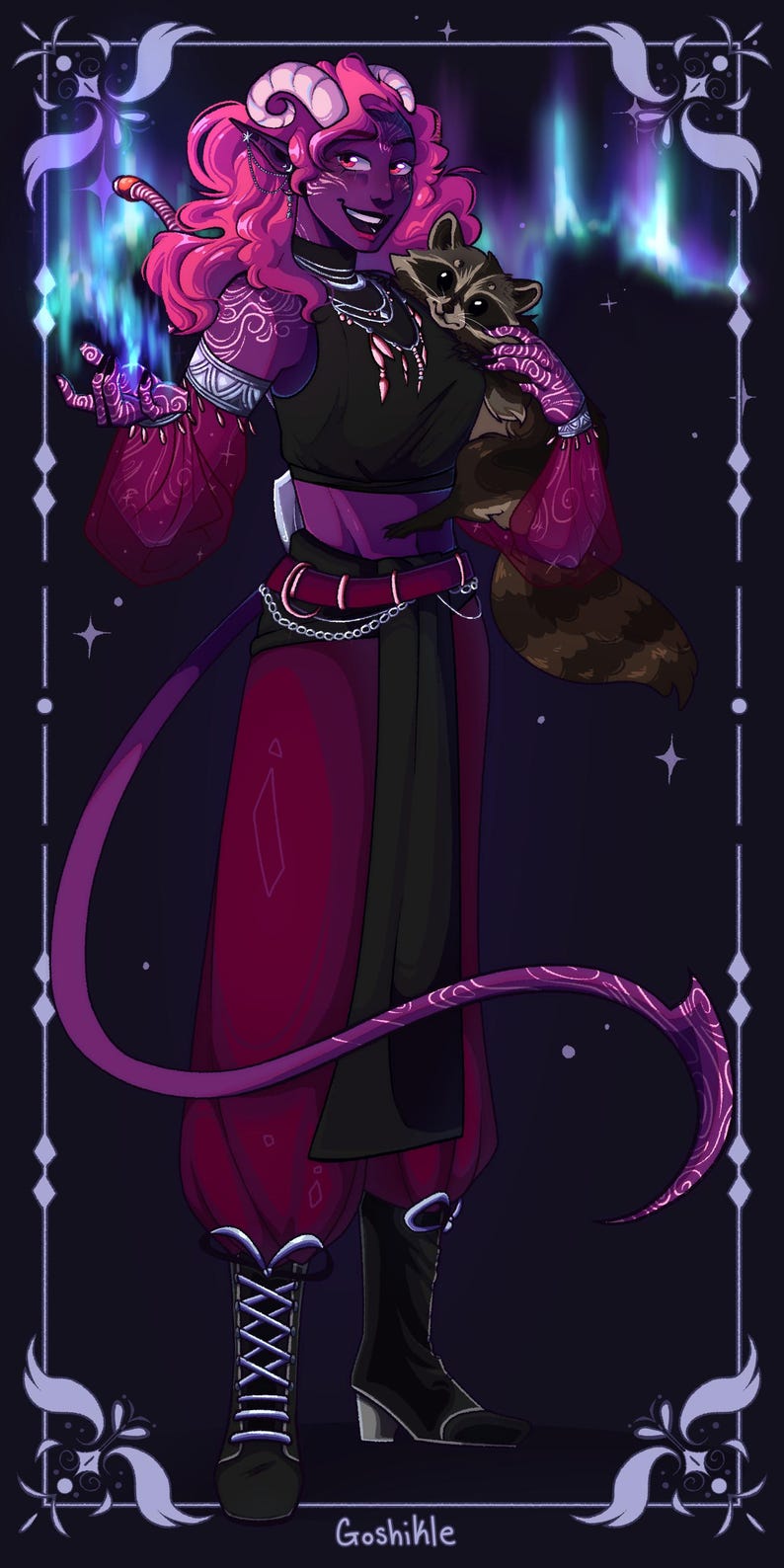 K&ouml;nnte beinhalten: Digitale Illustration eines lilafarbenen Charakters mit rosa Haaren, H&ouml;rnern und einem Schwanz, der einen Waschb&auml;ren h&auml;lt. Der Charakter tr&auml;gt ein schwarzes Oberteil, eine rote Hose und schwarze Stiefel. Der Hintergrund zeigt ein Nordlicht.