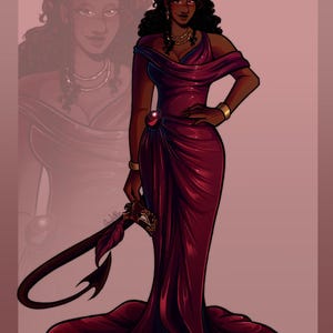 K&ouml;nnte beinhalten: Illustration einer Frau in einem langen, flie&szlig;enden burgunderfarbenen Kleid, geschm&uuml;ckt mit Goldschmuck und einem geh&ouml;rnten Kopfschmuck. Sie h&auml;lt ein dekoratives Schwert mit einem schwanzartigen Design. Das Kunstwerk hat ein stilisiertes Fantasy-Thema.
