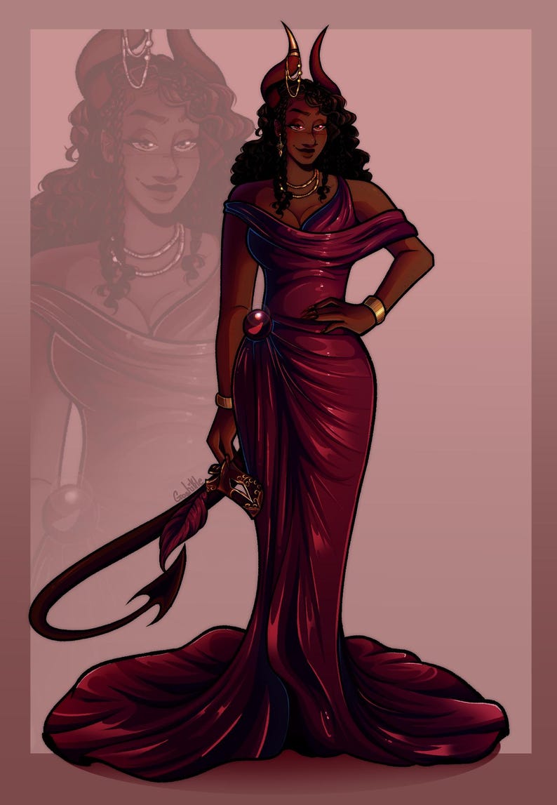 K&ouml;nnte beinhalten: Illustration einer Frau in einem langen, flie&szlig;enden burgunderfarbenen Kleid, geschm&uuml;ckt mit Goldschmuck und einem geh&ouml;rnten Kopfschmuck. Sie h&auml;lt ein dekoratives Schwert mit einem schwanzartigen Design. Das Kunstwerk hat ein stilisiertes Fantasy-Thema.