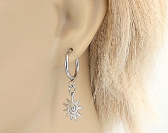 Sunburst Spiral Silver Stainless 16mm Huggie Earrings Pair 3703-330SP