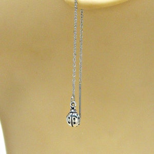 Ladybug Sterling Silver Ear Threads Threader Earrings Pair 4.25&quot; Adjustable Length 1772ET