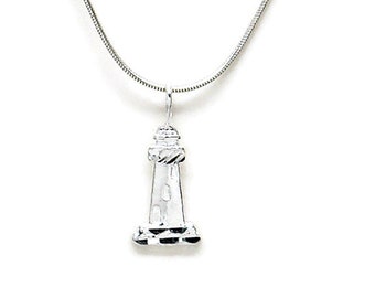 Tiny Lighthouse Sterling Silver Diamond Cut Nautical Charm Pendant or Necklace 2030