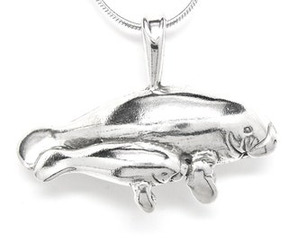 Manatee and Calf Sterling Silver Sea Cow Beach Charm Pendant or Necklace 1915
